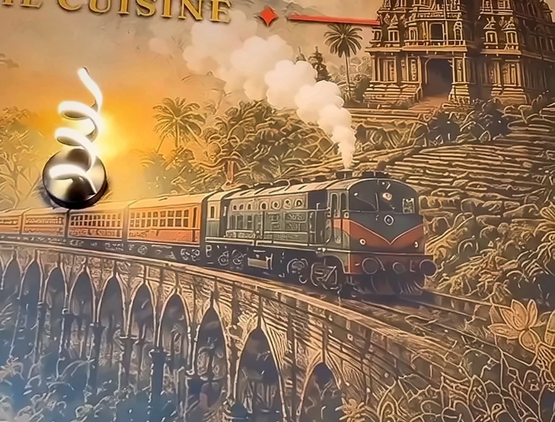 Wandbild im Ceylon Palace: ein Zug fährt über eine Steinbogenbrücke im Hochland Sri Lankas